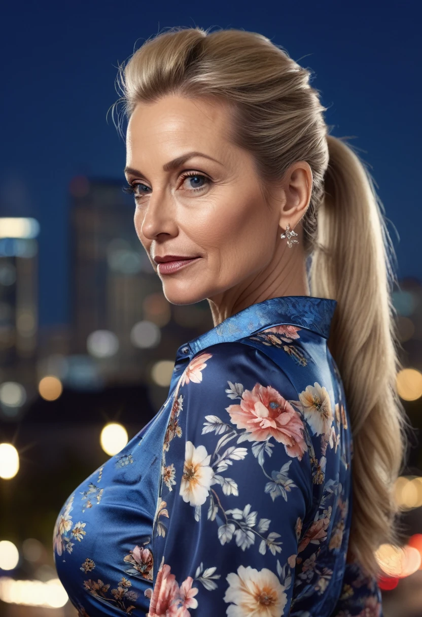 Close-up, 8K quality, realistic image of a beautiful 45 year old European woman with long blonde hair tied back in a ponytail. She had a curvy body with slightly larger breasts and was wearing a blue floral patterned blouse and a short skirt. He stood in the city at night, with the soft city lights illuminating him. The background features city buildings, street lights, and a lively night scene, highlighting its calm and elegant presence in the urban environment.