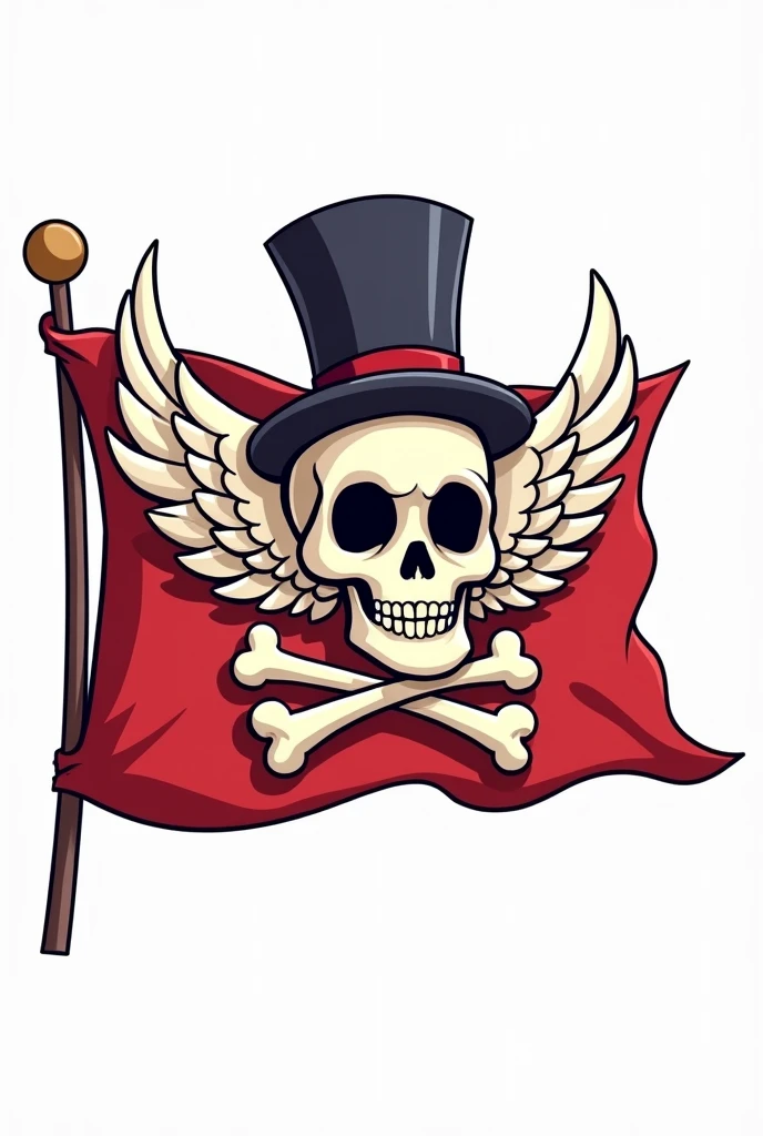 Pirate flag with two bones and a skull with wings like an angel in cartoon drawing
And top hat white background 