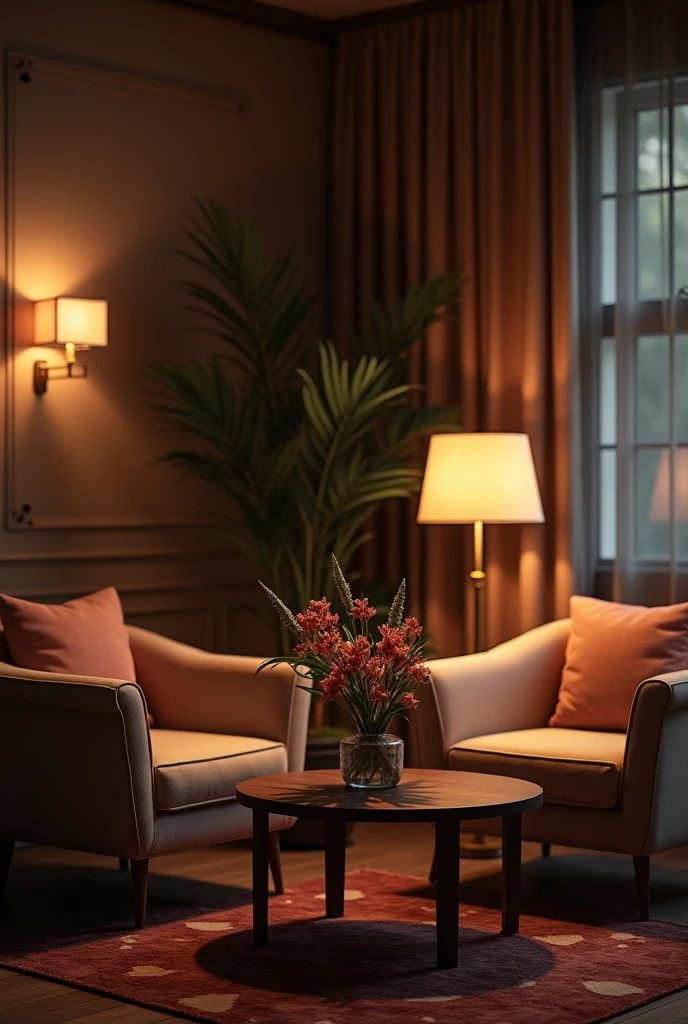 create a living room, without windows with two armchairs, a rug and a coffee table with a vase of flowers on the right side
