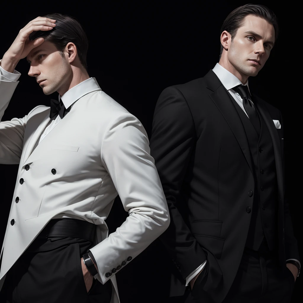 30 year old white man, detective, (((wearing elegant black clothes))), mysterious presence (((Black background)))