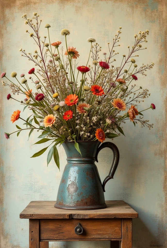 Create a poster (chalkboard) of an old iron as wild flowers inside it on a small aged wooden table, Vintage image, wallpaper background