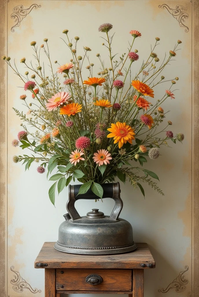 Create a poster (chalkboard) of an old iron as wild flowers inside it on a small aged wooden table, Vintage image, wallpaper background