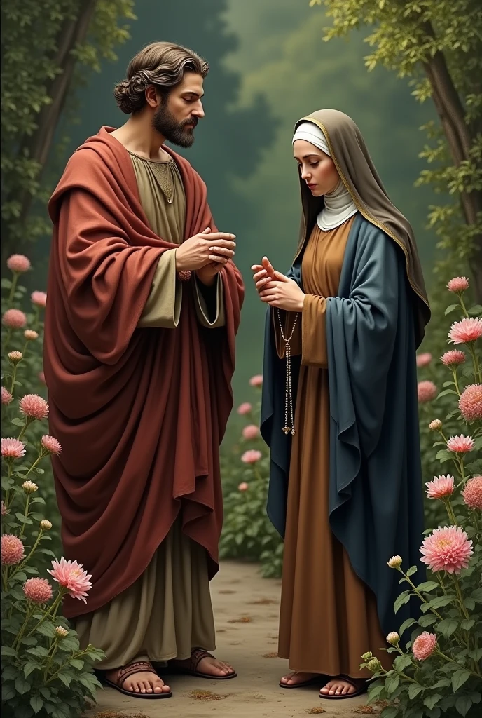 Saint Teresa of Avila praying the rosary standing in front of a garden next to Saint Joseph