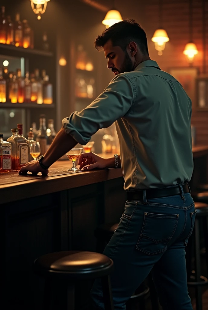 1920’s noire make bartender of a speakeasy jeans and a button up shirt Richard appearane
