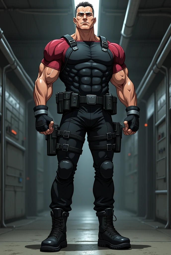 A man of tall stature and robust physique. Your body is muscular and well-defined. His face is square and strong, with a well-defined jawline. He has striking facial features, with a firm chin and prominent cheekbones. Large, expressive dark eyes. baldie. Straight and strong nose, harmonizing with her facial features. Medium and well-defined lips, displaying a serious expression. Your skin is tanned. He has visible scars on his arms and face. She wears a body-hugging combat suit, made from a lightweight material, Flexible and durable. The suit is black with dark red details, designed to allow maximum mobility and discretion. Has hidden pockets and compartments for storing small tools and weapons. She wears black combat boots that reach halfway up her calf, with non-slip soles and reinforced tips for additional protection. black fingerless gloves, made from the same durable material as the suit, providing a better grip on his weapons and on surfaces. A black belt with several pockets and compartments to store smoke grenades, and other tactical equipment. Metal bracelets on the forearms. serious and focused expression. Hall in the background. anime styling.