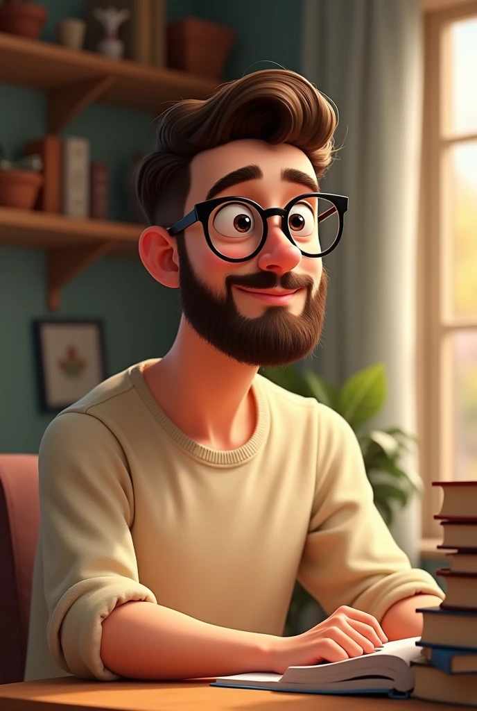 Pixar-style: young white man with dark brown trimmed beard and hair, Wearing Black Round Glasses, neutral light colored blouse. he is a writer, likes books and lives in Canada