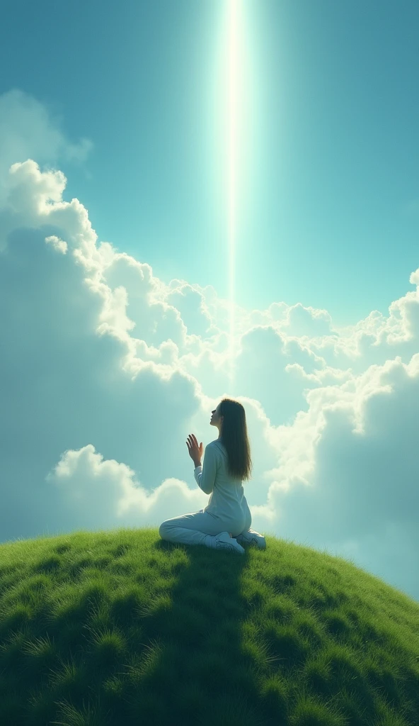 a one woman, kneeling and praying to God, with fingers intertwined, atop a green mountain with a blue sky, above her a ray of sunlight that passes through the clouds