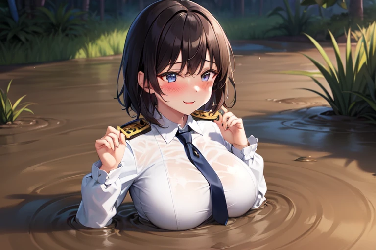 1girl solo, huge breast, black short hair, bangs, blue eyes, military uniform, epaulette, necktie, long sleeve, double breasted, partially submerged, in mud, flooding up to the chest, upper body, seductive smile, (jungle:1.3), from above, hands up, (blush:1.3),