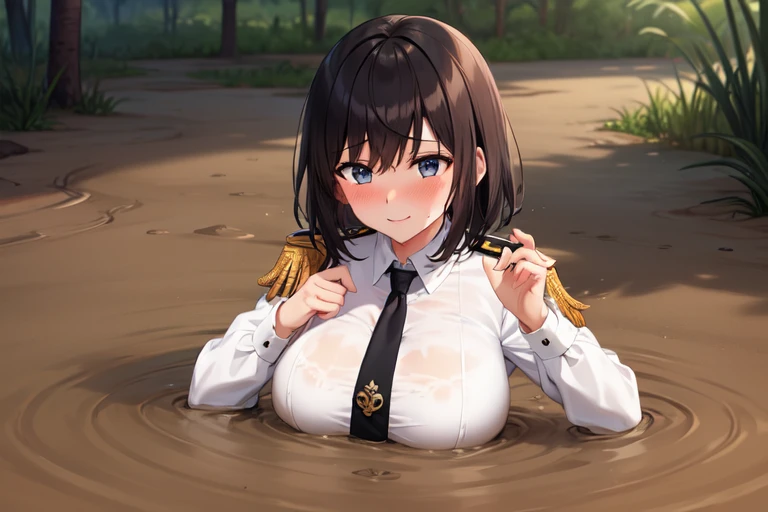 1girl solo, huge breast, black short hair, bangs, blue eyes, military uniform, epaulette, necktie, long sleeve, double breasted, partially submerged, in mud, flooding up to the chest, upper body, seductive smile, (jungle:1.3), from above, hands up, (blush:1.3),
