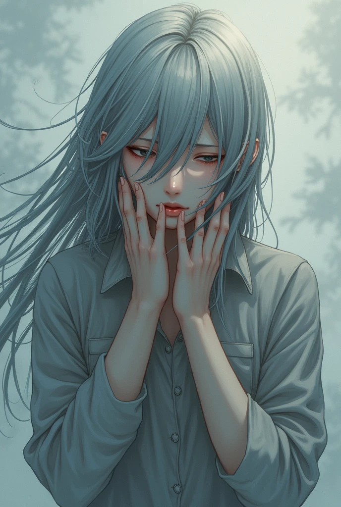 Anime boy with long grey hair, wounded