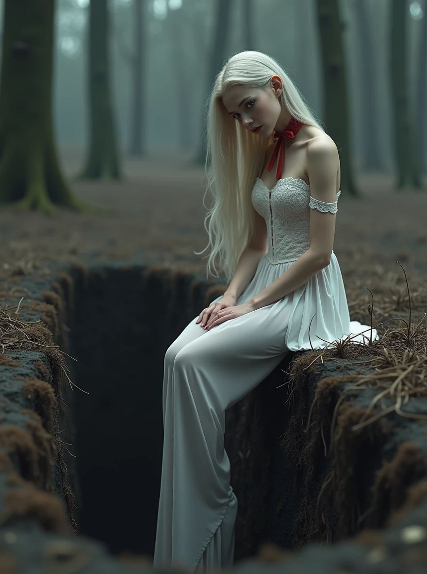 (Photorealism:1.1), Young woman, bald, Long legs, Beauty, medium breasts, the right hand strokes his hair, dressed in a long white dress, the girl's shoulders are bare, legs are bare, a light wind ruffles her hair, lace dress, lace corset, a long train of the dress hangs on the edge of the grave, Young woman сидит на правом краю могилы, gray eyes color, the background is a dense, dry, gloomy forest of very thin branches, , Young woman сидит на краю могилы свесив ноги, The view is directed inside the pit, a red lace bow on her neck, grave is dug in the ground, The edges are earthen, earth walls, black earth, wide grave, even edges