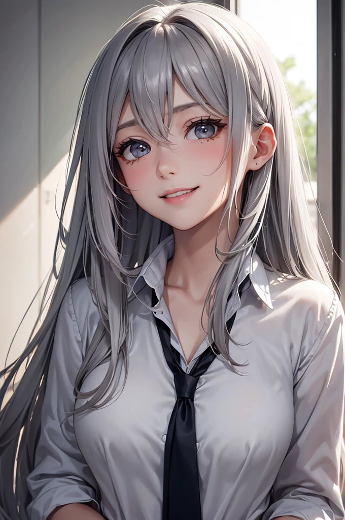 Best Quality,High resolution,8k,finelity detailed background,Masterpiece:1.2),beautiful girl,Glossy romance gray hair,messy hair,Gray eyes,Gentle look,A refreshing look,smile,Best quality,Best Quality,Aesthetic and aesthetic:1.2,Best details((Super detailed))(High-definition CG illustrations),summer uniform,Slender body,School,In the classroom,smile,blush,cute,Scrounge,Looking up,Being spoiled,super model