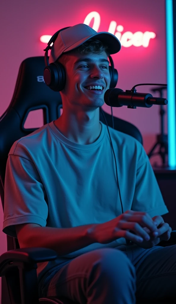 A young man with short hair and a light baseball cap is speaking into a microphone. He is seated in a gaming chair with a neutral background featuring a dimly lit room. Have a A neon sign . He appears engaged and relaxed.The character look stright front viewof the camara.