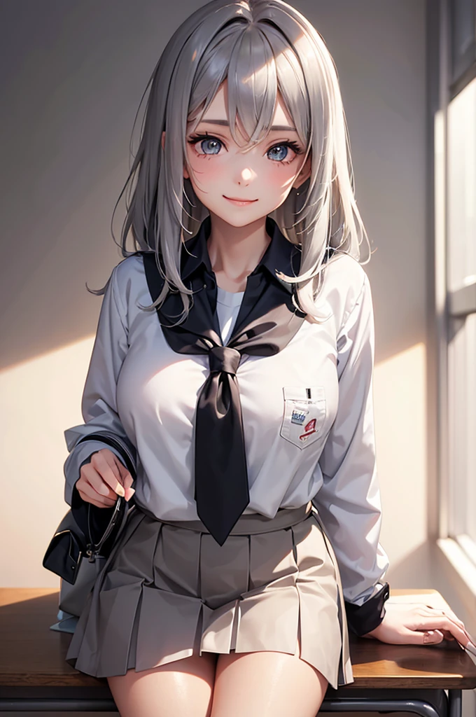 Best Quality,High resolution,8k,finelity detailed background,Masterpiece:1.2),beautiful girl,Glossy romance gray hair,messy hair,Gray eyes,Gentle look,A refreshing look,smile,Best quality,Best Quality,Aesthetic and aesthetic:1.2,Best details((Super detailed))(High-definition CG illustrations),summer uniform,Slender body,School,In the classroom,smile,blush,cute,Scrounge,Looking up,Being spoiled,super model