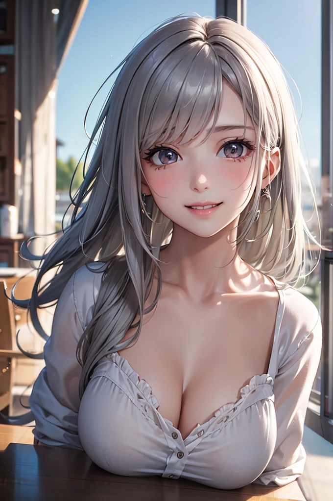 Best Quality,High resolution,8k,finelity detailed background,Masterpiece:1.2),beautiful girl,Glossy romance gray hair,messy hair,Gray eyes,Gentle look,A refreshing look,smile,Best quality,Best Quality,Aesthetic and aesthetic:1.2,Best details((Super detailed))(High-definition CG illustrations),summer uniform,Slender body,School,In the classroom,smile,blush,cute,Scrounge,Looking up,Being spoiled,super model