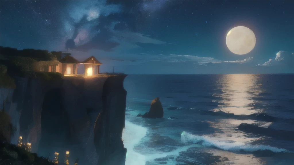 cliff, ocean, full moon, night, stars