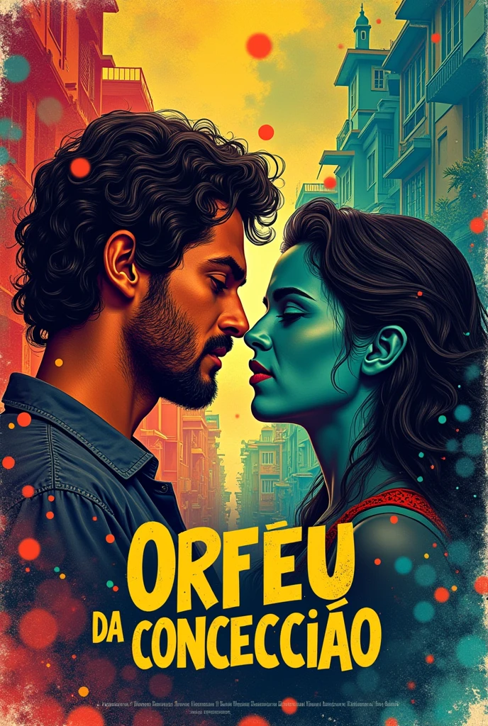 Make a poster for the play Orfeu da Conceição, There are characters in the image and a favela