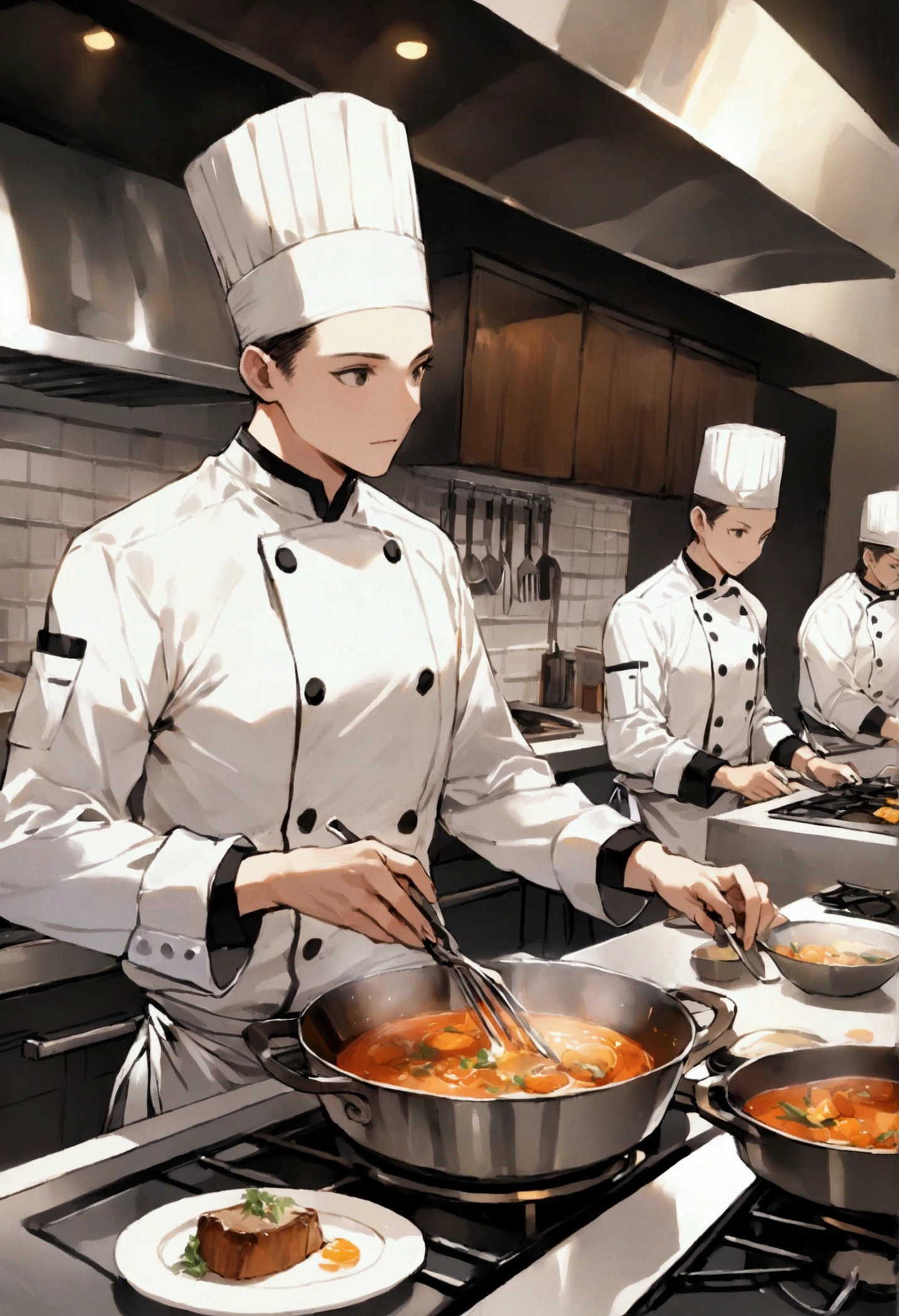 A busy, modern kitchen with several chefs working in the background. In the foreground, a talented young chef is skillfully preparing a dish. The kitchen is well-lit, with shiny stainless steel appliances and pots simmering on the stove. The chef is focused, wearing a white chef’s jacket, and carefully placing the final touches on a beautifully plated dish.