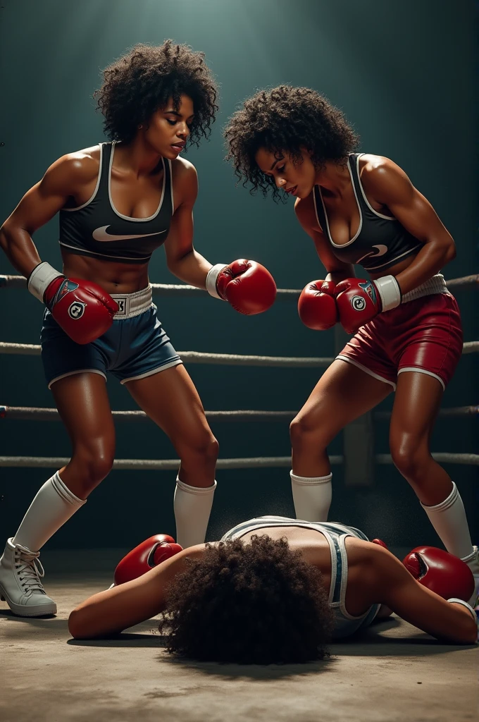 Black female boxers with curly hair knocked out on the floor