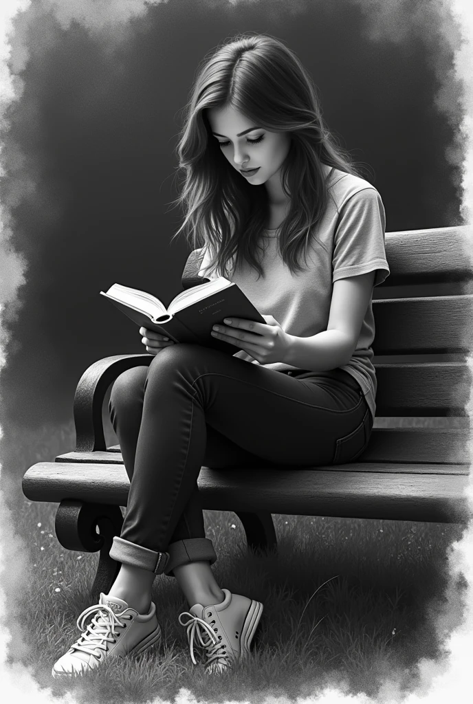 A captivating charcoal sketch of a pensive young lady, sitting on a park bench and reading a book. Her casual yet stylish outfit, consisting of a fitted t-shirt and dark jeans, complements her relaxed yet focused demeanor. The lady's face is partially atrractive and sweet, her body figure exposed by shadow play and dimlight
