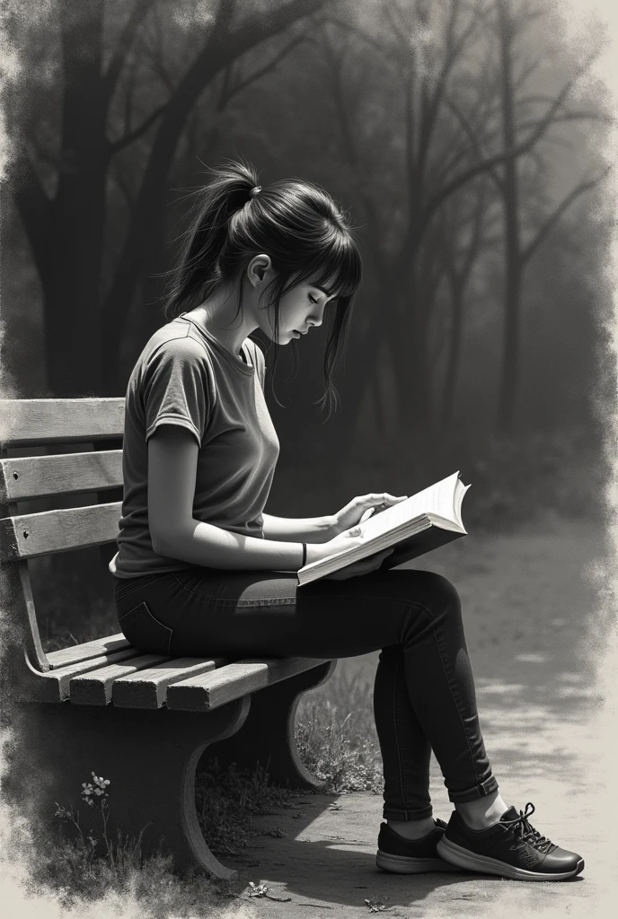 A captivating charcoal sketch of a pensive young lady, sitting on a park bench and reading a book. Her casual yet stylish outfit, consisting of a fitted t-shirt and dark jeans, complements her relaxed yet focused demeanor. The lady's face is partially atrractive and sweet, her body figure exposed by shadow play and dimlight