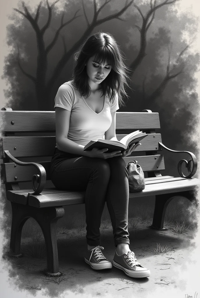 A captivating charcoal sketch of a pensive young lady, sitting on a park bench and reading a book. Her casual yet stylish outfit, consisting of a fitted t-shirt and dark jeans, complements her relaxed yet focused demeanor. The lady's face is partially atrractive and sweet, her body figure exposed by shadow play and dimlight 