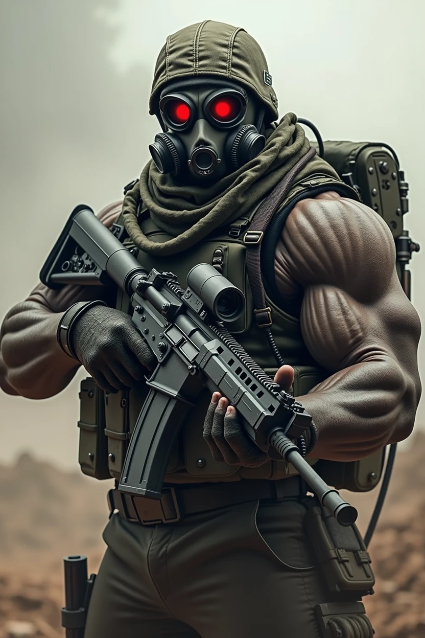 Soldier, muscular, angry, gasmask with red glasses, holding automatic gun, m4