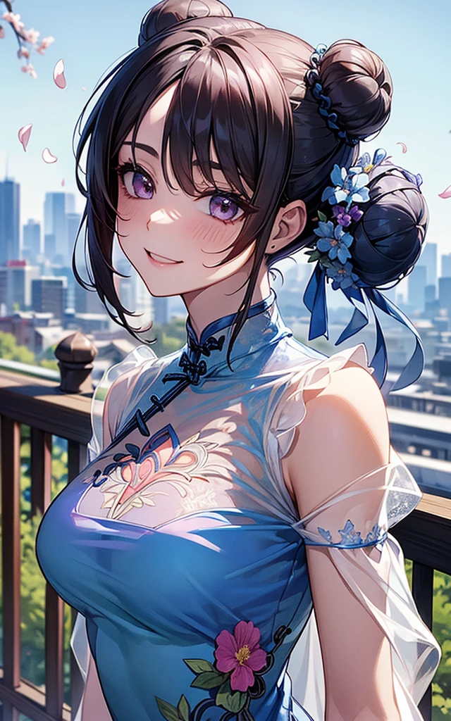 top-quality, high resolution, super precision, masterpiece, 8K, (((extra detailed face))), Fateful meeting, (Composition seen from an oblique front), (((Daytime cityscape))), (Downtown Japan), (Petals are fluttering), (Crowds), kawaii, ((Bun hair)), (Floral hair ornament), ((Bright smile)), red blush, Sareme, (((big light in my eyes))), Eyes sparkle, Wet eyes, Colorful, Fine skin, (((beautiful blue sheer see-through cheongsam))), (delicate flower embroidery), off shoulders, Beautie, Refers to 5、