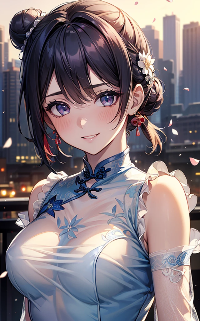 top-quality, high resolution, super precision, masterpiece, 8K, (((extra detailed face))), Fateful meeting, (Composition seen from an oblique front), (((Daytime cityscape))), (Downtown Japan), (Petals are fluttering), (Crowds), kawaii, ((Bun hair)), (Floral hair ornament), ((Bright smile)), red blush, Sareme, (((big light in my eyes))), Eyes sparkle, Wet eyes, Colorful, Fine skin, (((beautiful blue sheer see-through cheongsam))), (delicate flower embroidery), off shoulders, Beautie, Refers to 5、