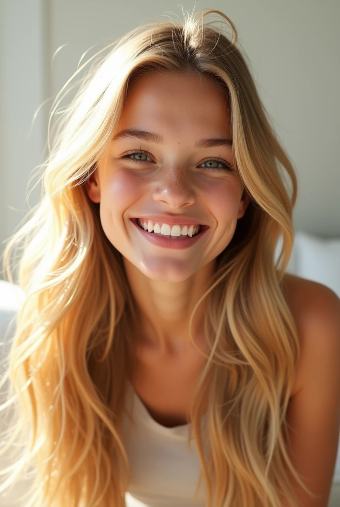 A girl with blonde hair, smiling and posing facing the camera.