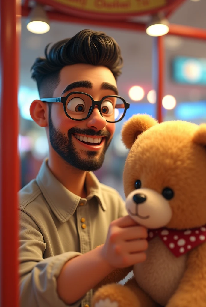 Pixar-style: young white man with dark brown trimmed beard and hair, Wearing Black Round Glasses, a neutral light-colored blouse and it's grabbing a teddy bear from the mall's machine
