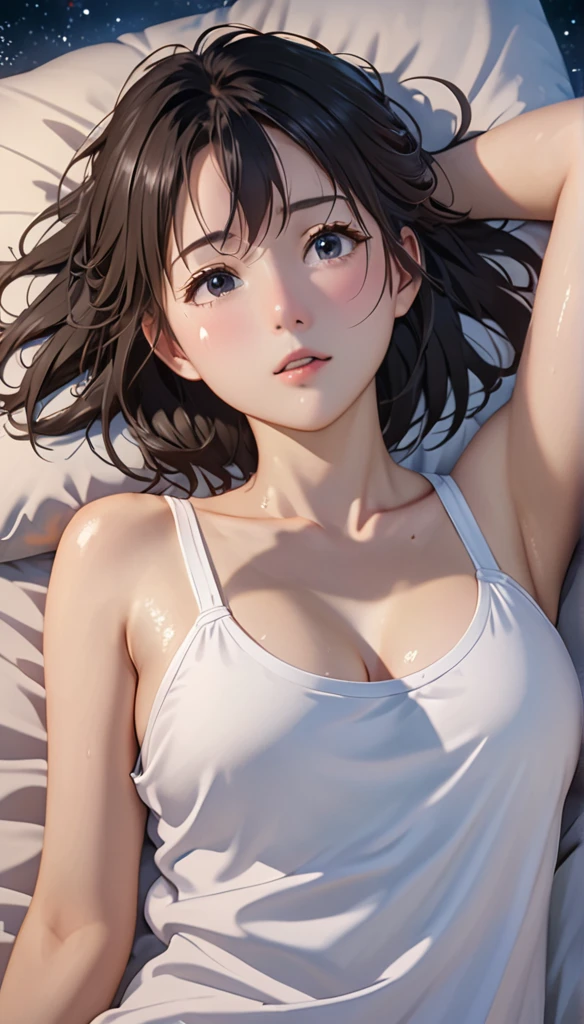 masterpiece, High resolution, figure, Kyoto Animation Style, Your Name Movie Style, night, mid-night, Light, (1girl:1.3), (alone:1.4), Long eyelashes, messy hair, medium hair, futon, Lying down, (covering chest by hand), (((in heat, aroused, wishful))), ideal ratio body proportions, sagging breasts, from above, looking up at viewer, {{{{vulgarity}}}}, (((showing armpits))), ((sweaty)), nipples, white tank tops 