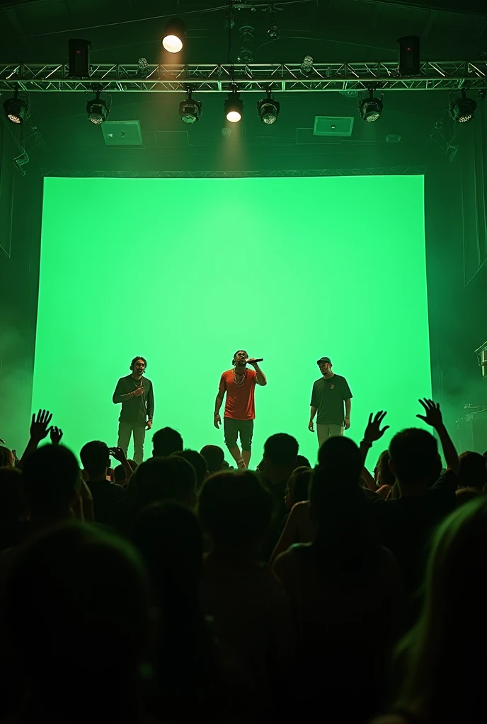 street rap concert stage with green screen with rap fans feeling the vibe