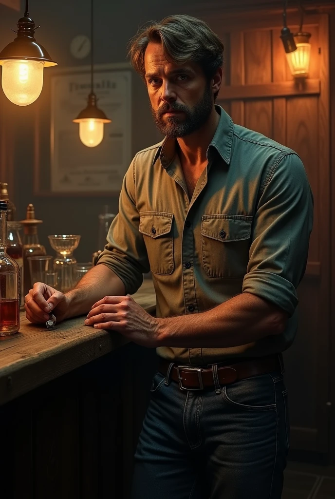 1920’s  bartender of a speakeasy jeans and a button up shirt Rugged appearance
