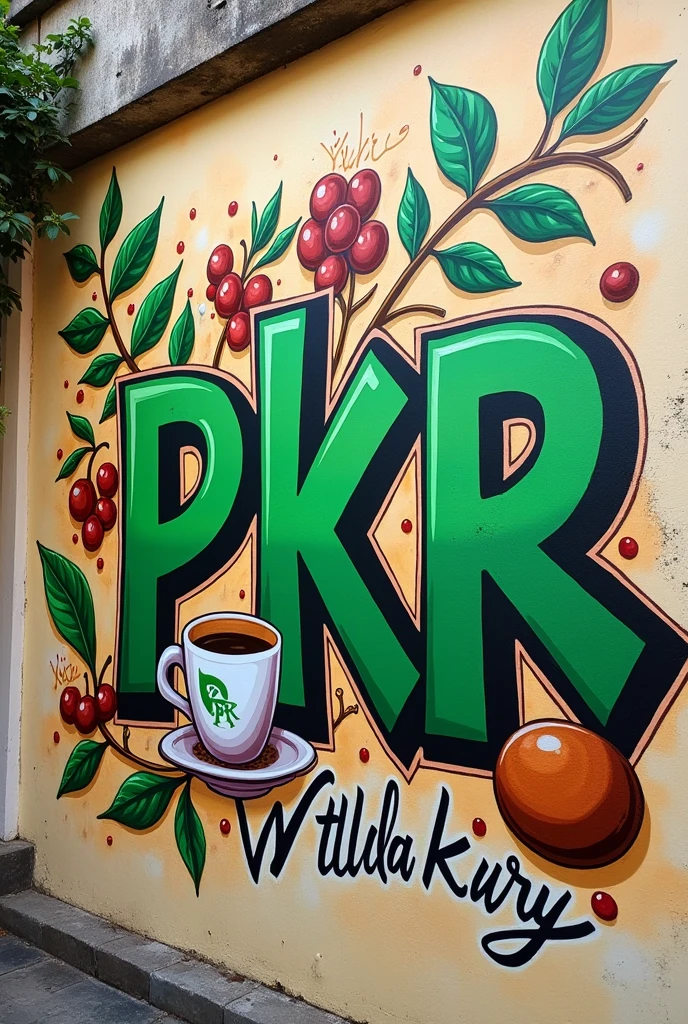 An illustration that is made on a mural with the words PKR in green, the word Walla kury at the bottom with drawings of coffee branches and a cup.