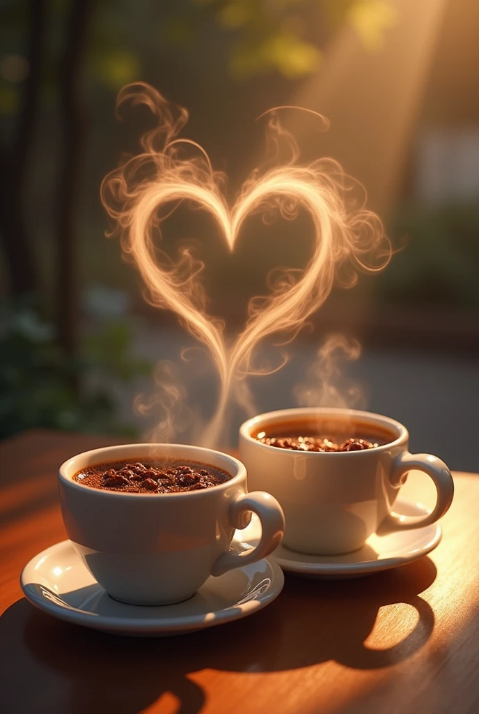 two cups of coffee, one in front and the other slightly behind and diagonal to the first, and the smoke rising from the cups forms a human heart