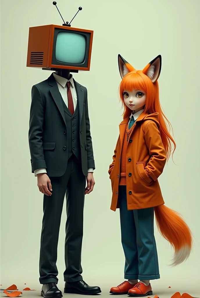 Thin man in an elegant suit with a television head, and on the screen a smile and eyes shaped like static, next to a girl with fox ears and orange hair, dressed in a dark orange jacket and blue pants