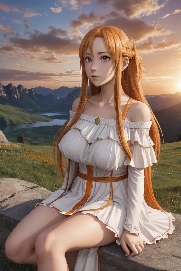 score_9, score_8_up, score_7_up, score_6_up, uncensored, Asuna Yuuki long hair, orange hair, fold hair, braid, orange eyes, breasts, epic art, fantasy, 1girl, grass, solo, barefoot, sitting, breasts, mountain, sunset, dress, bare_shoulders, outdoors, looking_at_viewer, off_shoulder, field, sky, lake, collarbone, mountainous_horizon, indian_style, twilight, tree, black_dress, large_breasts, scenery, medium_breasts, feet, off-shoulder_dress, (bokeh:1.3), rock,