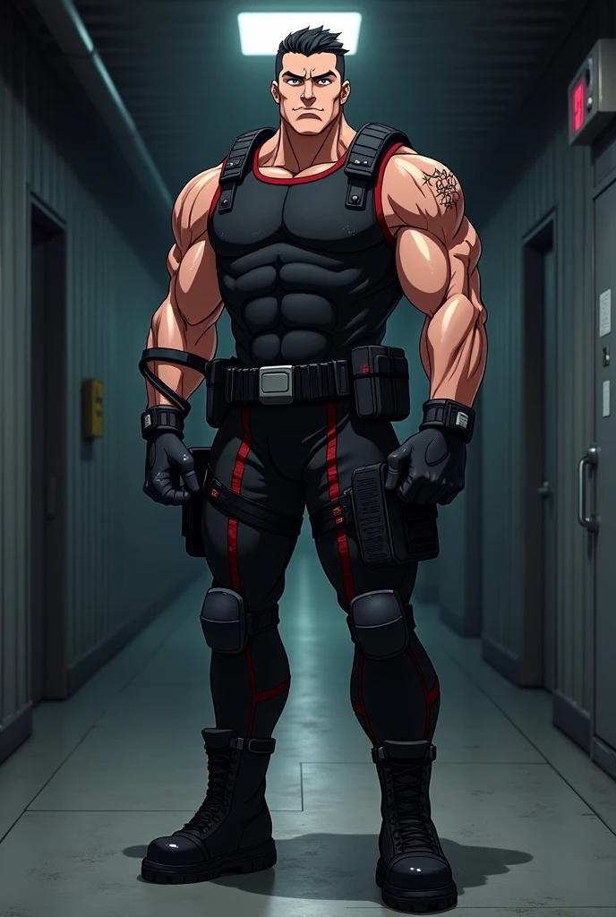 A tall man. Your body is well defined. His face is square and strong, with a well-defined jawline. He has striking facial features, with a firm chin and prominent cheekbones. Large, expressive dark eyes. baldie. Straight and strong nose, harmonizing with her facial features. Medium and well-defined lips, displaying a serious expression. Your skin is tanned. He has visible scars on his arms and face. She wears a body-hugging combat suit, made from a lightweight material, Flexible and durable. The suit is black with dark red details, designed to allow maximum mobility and discretion. Has hidden pockets and compartments for storing small tools and weapons. She wears black combat boots that reach halfway up her calf, with non-slip soles and reinforced tips for additional protection. black fingerless gloves, made from the same durable material as the suit, providing a better grip on his weapons and on surfaces. A black belt with several pockets and compartments to store smoke grenades, and other tactical equipment. Metal bracelets on the forearms. serious and focused expression. Hall in the background. anime styling.