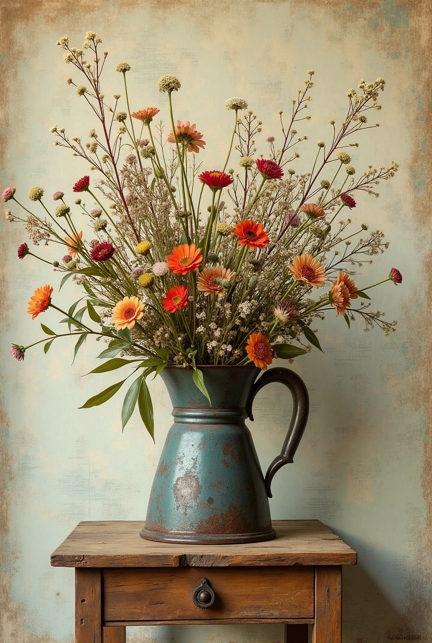 Create a poster (chalkboard) of an old iron as wild flowers inside it on a small aged wooden table, Vintage image, wallpaper background