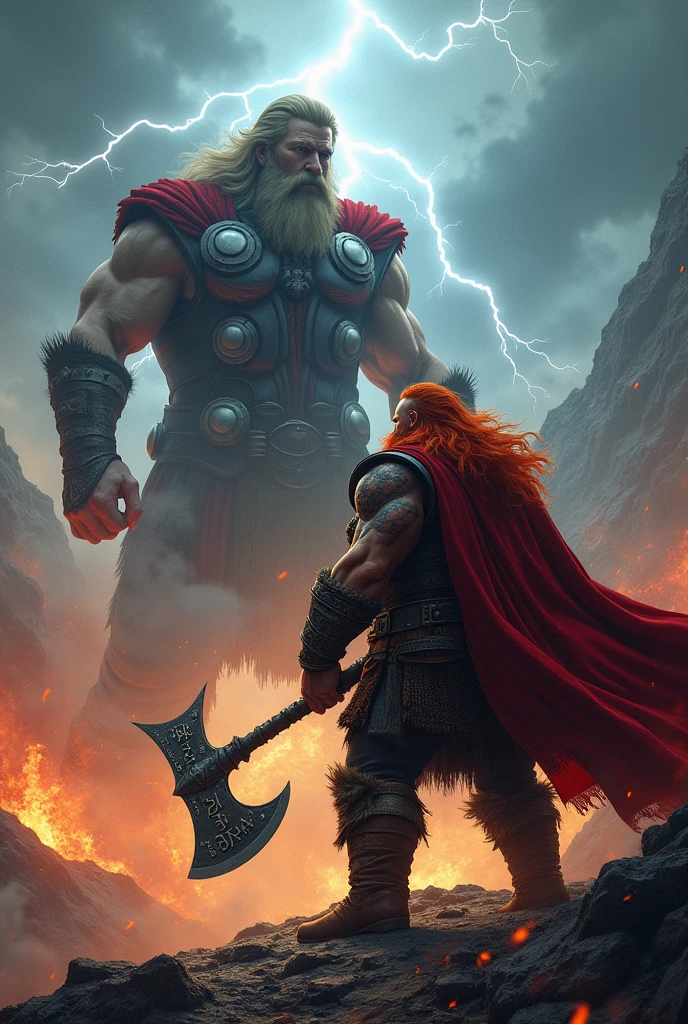Red-haired and bearded dwarf warrior, with ancestral axe. Fighting against Thor God of Norse mythology. Scenario: a flaming mountain, with the volcano, lightning crossing the sky