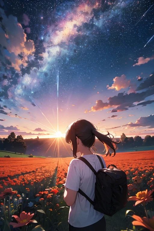 men and women Back view, Ultra Wide Angle, Satellite Imagery, Flower Field Starry Sky Halo
