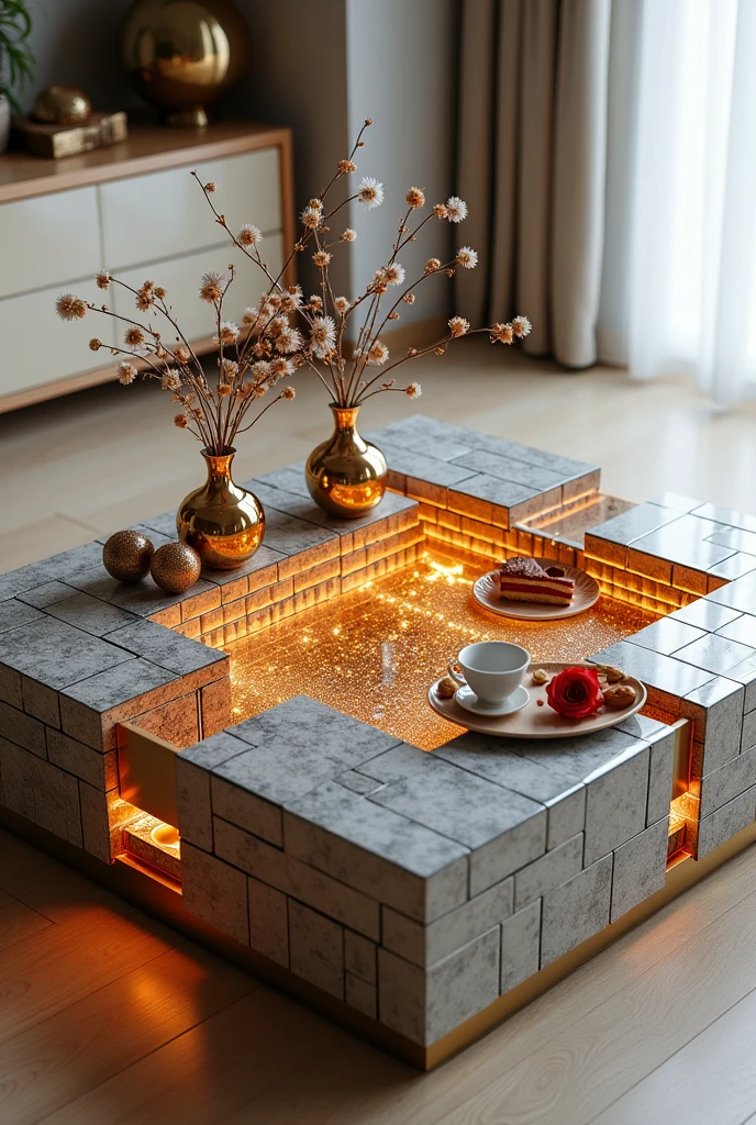Small square coffee table handcrafted, featuring a two-way mirrored glass top that reflects a stunning visual effect inside that resembles a tunnel, a deep, endless well, and an endless staircase lit from the inside with warm golden LED lighting. The sides are covered with brick wallpaper that simulates the look of 3D textured wallpaper.. The table is decorated with simple decorations such as golden pedestals, small flowers, a cake and nuts, and contains a red rose and a tea cup. . The table is placed on a light-colored wooden floor.. The table design combines simplicity and elegance with a touch of modernity, making it a distinctive piece of art in any room or living room.