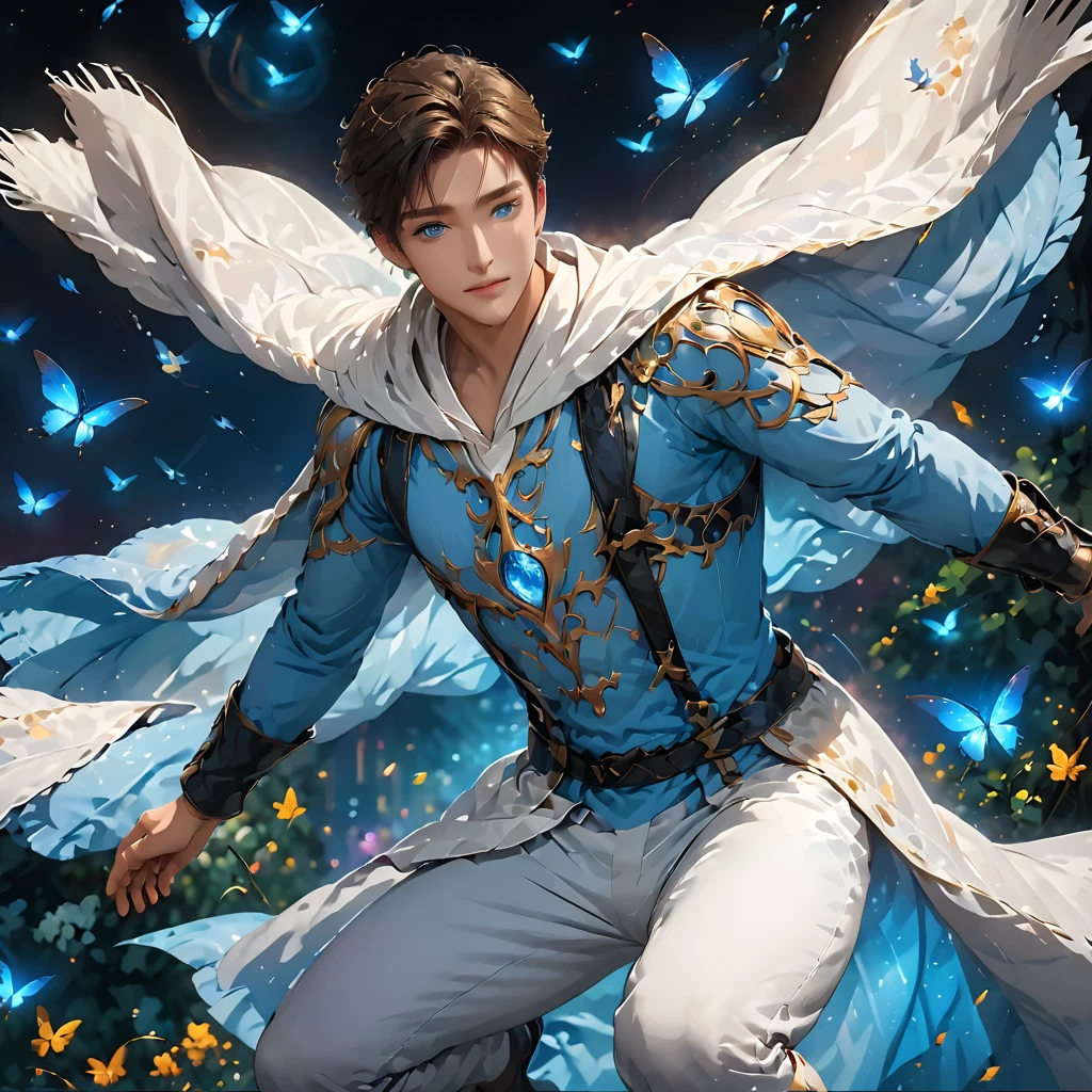 One realistic male with blue eyes and a refined body flying in air in a magical world at night