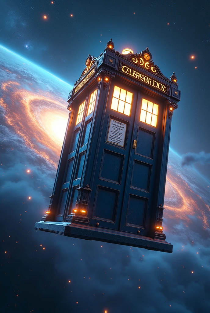 Image generated of a phone booth traveling through space, Promotional Art BBC, Fantastical telephone booth, fancy, 3840x2160, 3840 x 2160, magie, futurist, Written on top of the booth TEDOMA. cyberpunk, Time travel, Time Machine.