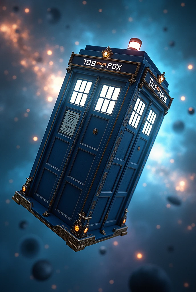 Image generated of a phone booth traveling through space, Promotional Art BBC, Fantastical telephone booth, fancy, 3840x2160, 3840 x 2160, magie, futurist, Written on top of the booth TEDOMA. cyberpunk, Time travel, Time Machine.