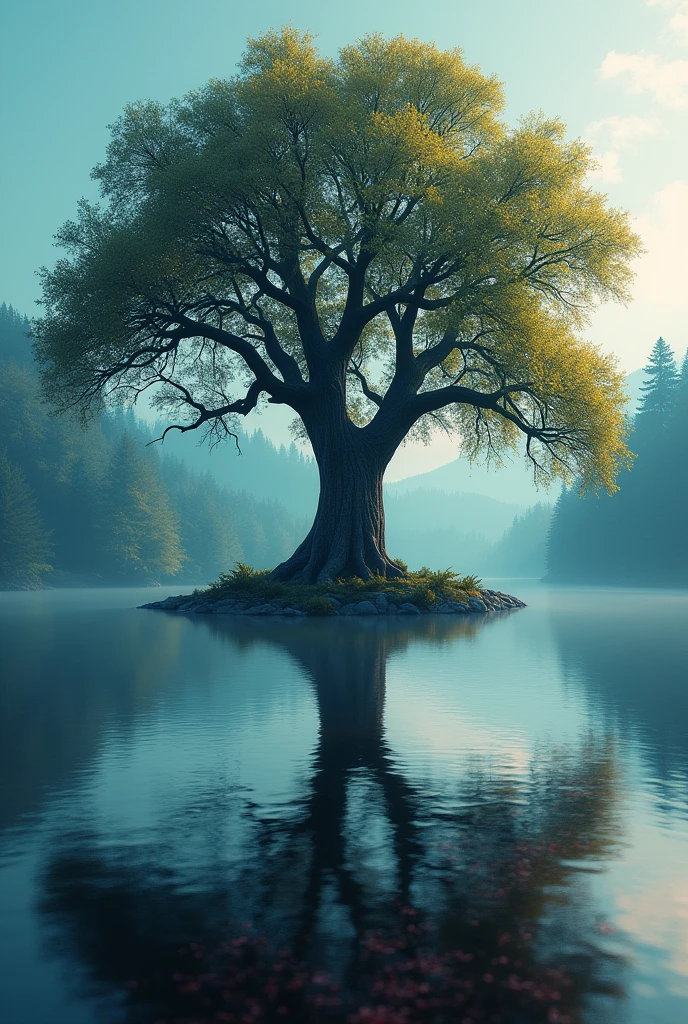 a large majestic tree in the middle of a serene lake, the branches and leaves reflecting beautifully in the calm water, surrounded by a vibrant and magical color palette of blues, greens, purples and golds, highly detailed, best quality, intricate, dramatic lighting, fantasy landscape, cinematic composition