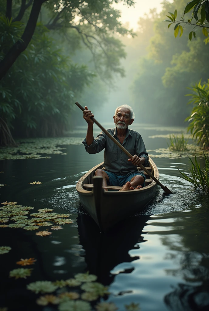 ( photo realism 1.2) photo realistic high detailed old Malay male at mangrove swamp paddling dugout canoe cinematic view dramatic view morning mode fogs effect pandanus tree sunlight effect view of black water lepironia articulate pandanus helicopus lots of tree around