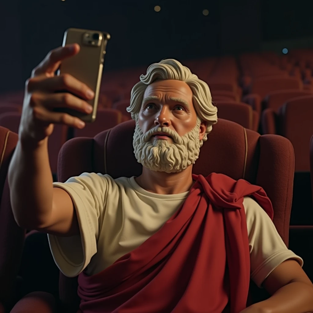 Aristotle, taking a selfie of himself watching the cinema