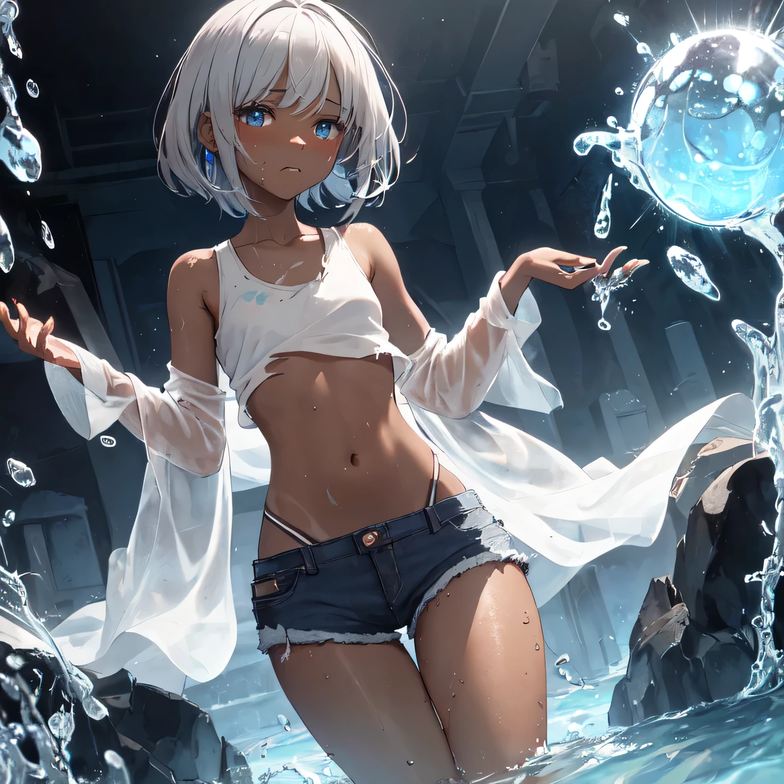 1 personの, Gray Hair, blue eyes, Water Mage, Particles of light,  wallpaper, High Contrast, colorful,desert、Arid World、Sad face、Thin Belly、Brown skin、Dark skin、Shabby clothes、Polka dots on the palm of your hand、Wear water on your body、magic、水magic、Black、Black Skin、Black、Water floats、乱れたGray Hair、Torn white shirt、No bangs、Super long、White tank top、Torn tank top、Tattered shorts、Tattered clothes、Lonely face、Skinny body、Too skinny、Ribs stand out、Small breasts、Brown skin、Too much sunburn、A skinny, shabby body、Wrapping seaweed around the body、Super longヘア、Gray Hairロング、Crying face、Face about to die、1 person、Brown skin、Too skinny、Ribs stand out、Extremely skinny、White shirt、White clothes、Water on hands、Polka dots floating in the air、Put water on the palm of your hand、Water drops on the palm、Torn tank top、Tattered shorts、Water floats、Wear water on your body、magic、水magic、
